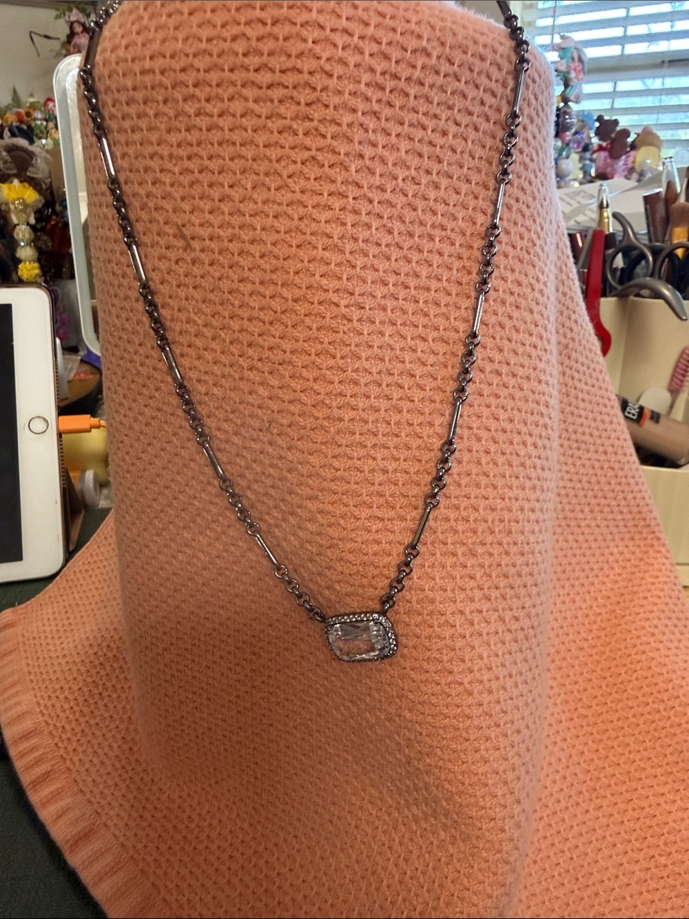Sterling Silver Tone Crystal Pendant Necklace in Gray